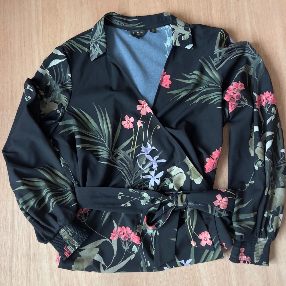 Ted Baker London Black Floral Wrap Blouse